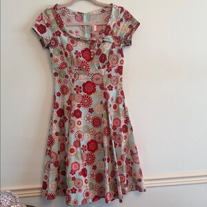 Floral Fit-and-Flare Midi Dress in Mint with Pink Floral Print